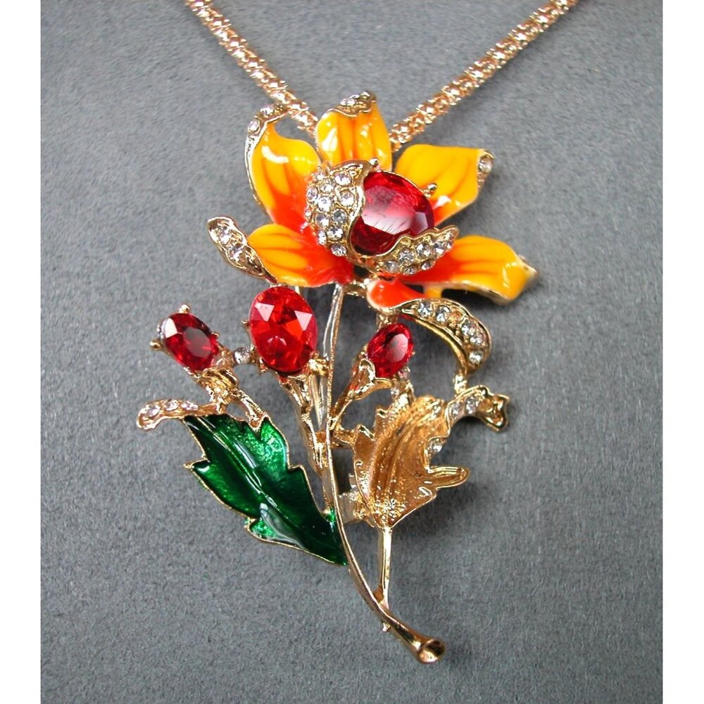 Betsey Johnson Floral Brooch & Necklace Gold-Tone Red Crystal Accents